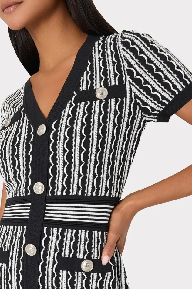 Women Dresses Milly Scallop Textured VNeck Knit Mini Dress Black Multi