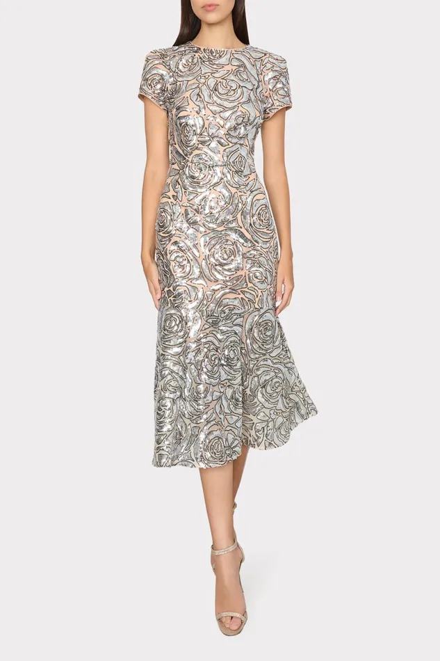 Women Dresses Milly Tahlia Rose Sequins Midi Dress Silver