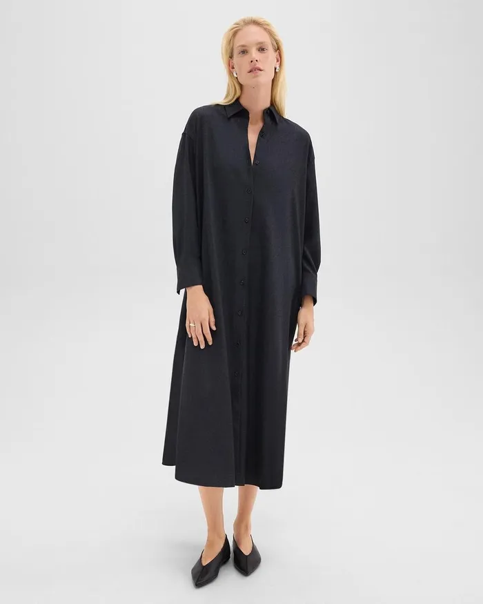 Women Dresses Theory Oversized Shirt Dress In Stretch Flannel Charcoal Melange