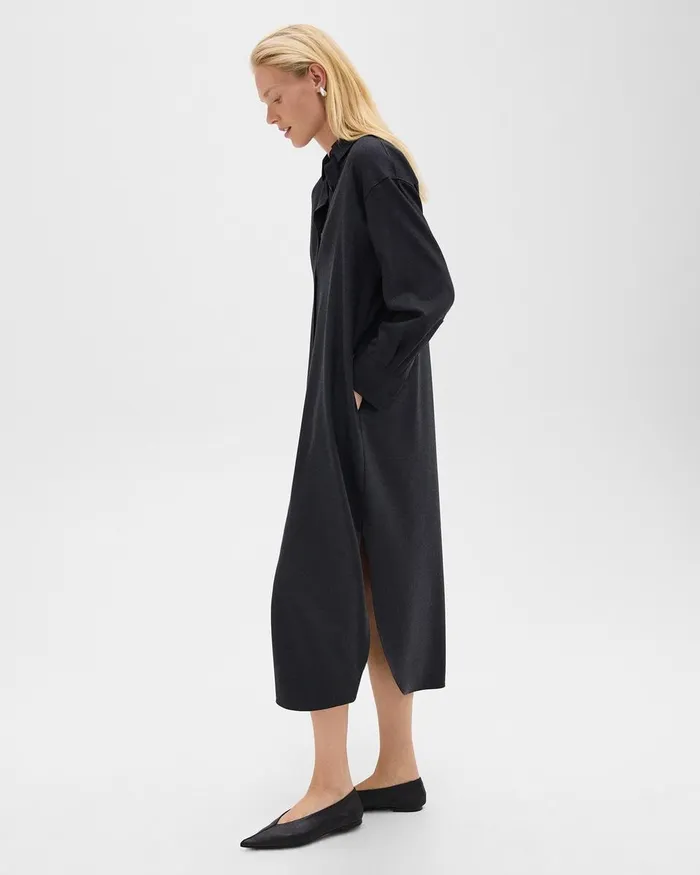 Women Dresses Theory Oversized Shirt Dress In Stretch Flannel Charcoal Melange