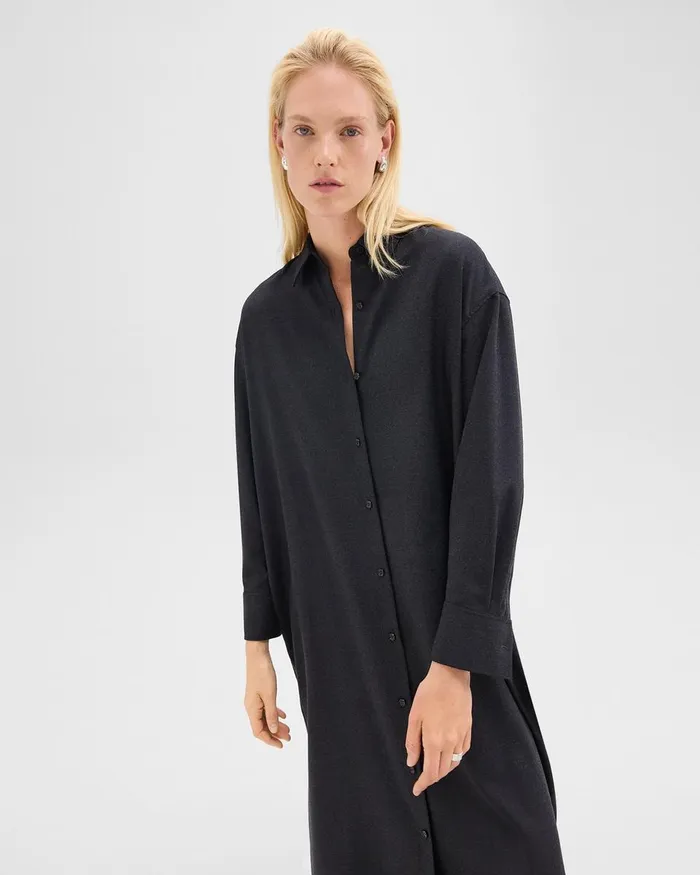 Women Dresses Theory Oversized Shirt Dress In Stretch Flannel Charcoal Melange