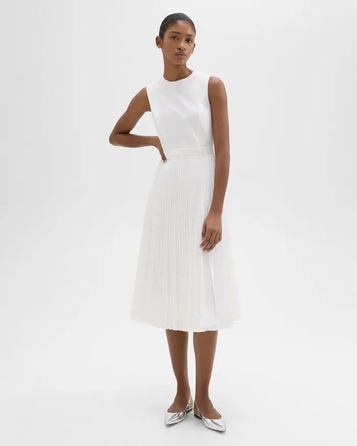 Women Dresses Theory Pleated Midi Dress In Sleek Poplin White