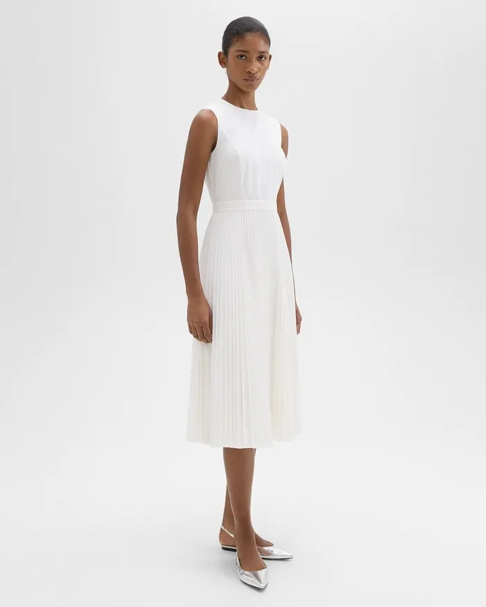 Women Dresses Theory Pleated Midi Dress In Sleek Poplin White