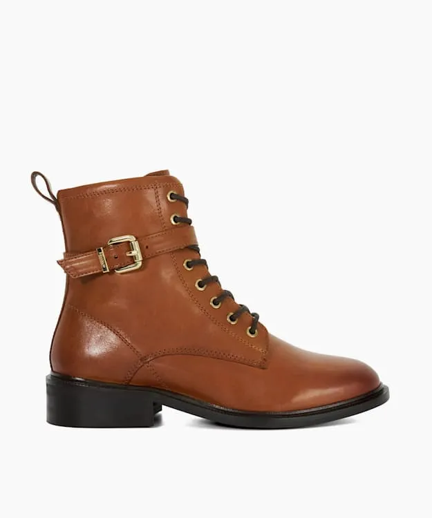 Women Dune London Ankle Boots Chunky Lace Up Buckle Boots Brown