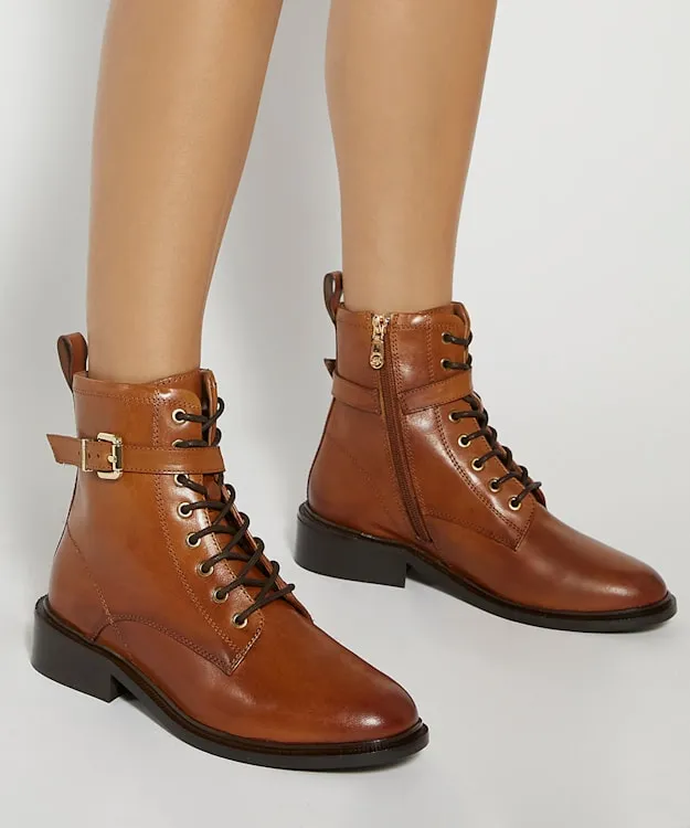 Women Dune London Ankle Boots Chunky Lace Up Buckle Boots Brown