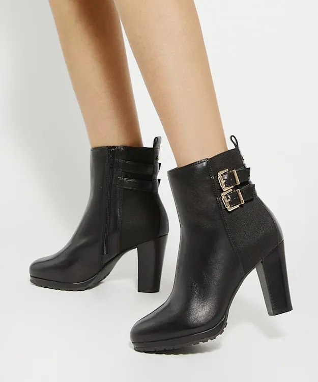 Women Dune London Ankle Boots Double Buckle Block Heel Boots Black