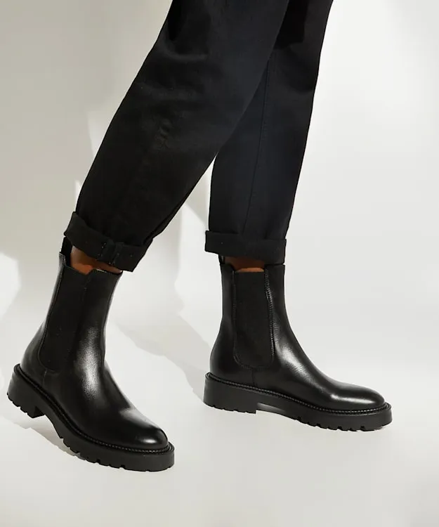 Women Dune London Ankle Boots Leather Cleated Biker Boots Black