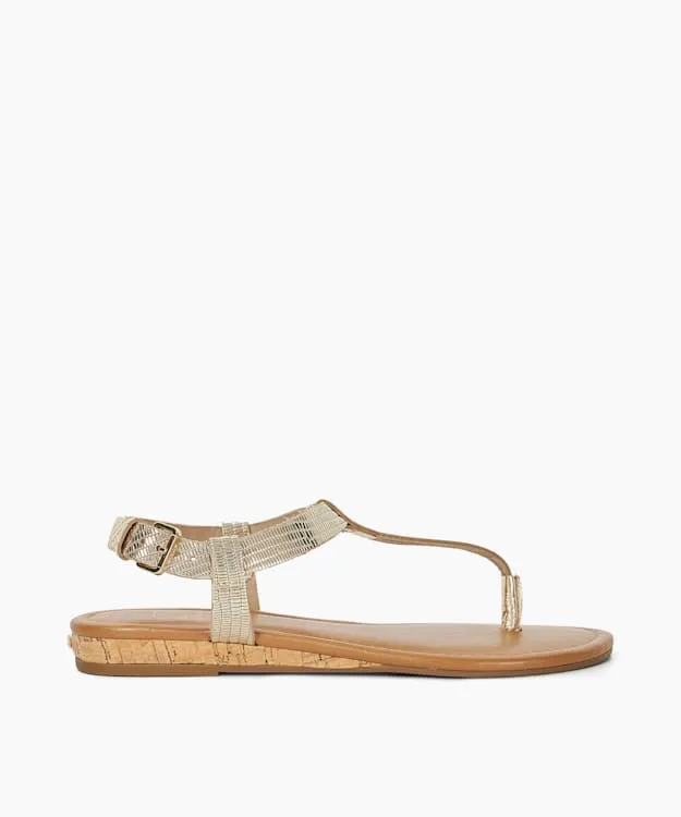 Women Dune London Flat Sandals Reptile Metallic Leather Cork Wedge Sandals Metallic