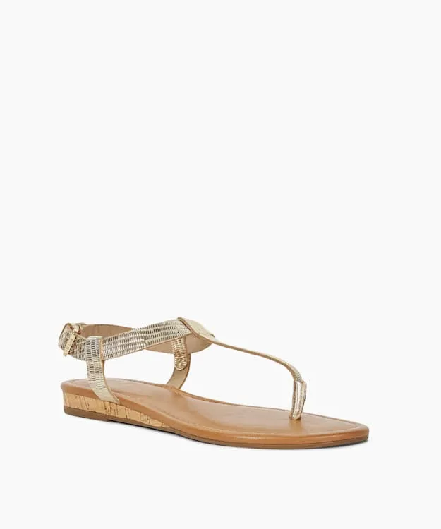 Women Dune London Flat Sandals Reptile Metallic Leather Cork Wedge Sandals Metallic
