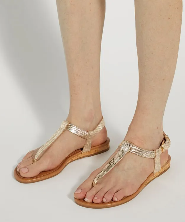 Women Dune London Flat Sandals Reptile Metallic Leather Cork Wedge Sandals Metallic