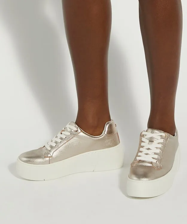 Women Dune London Flat Shoes Lace Up Flatform Trainers Metallic