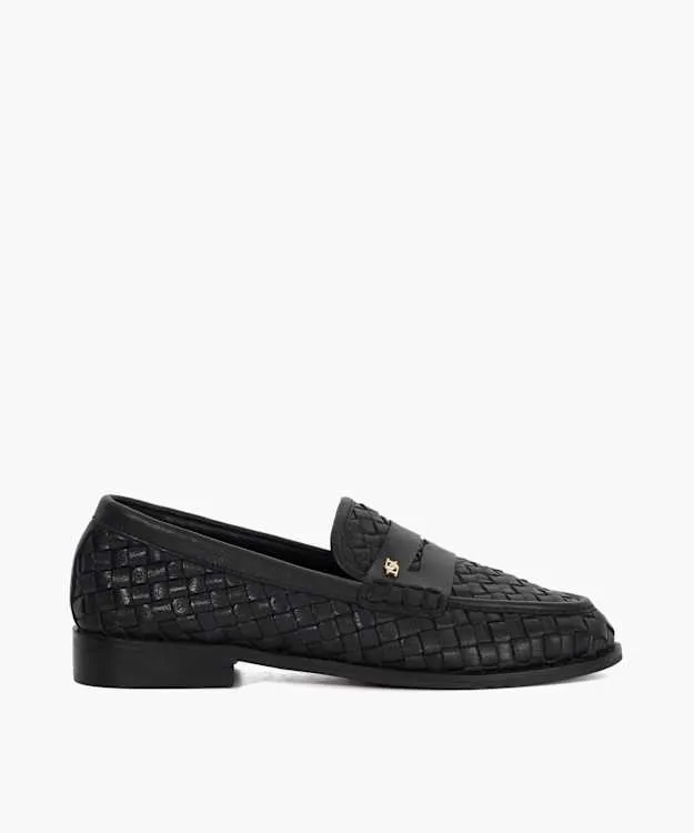 Women Dune London Flat Shoes Woven Leather Penny Loafer Black