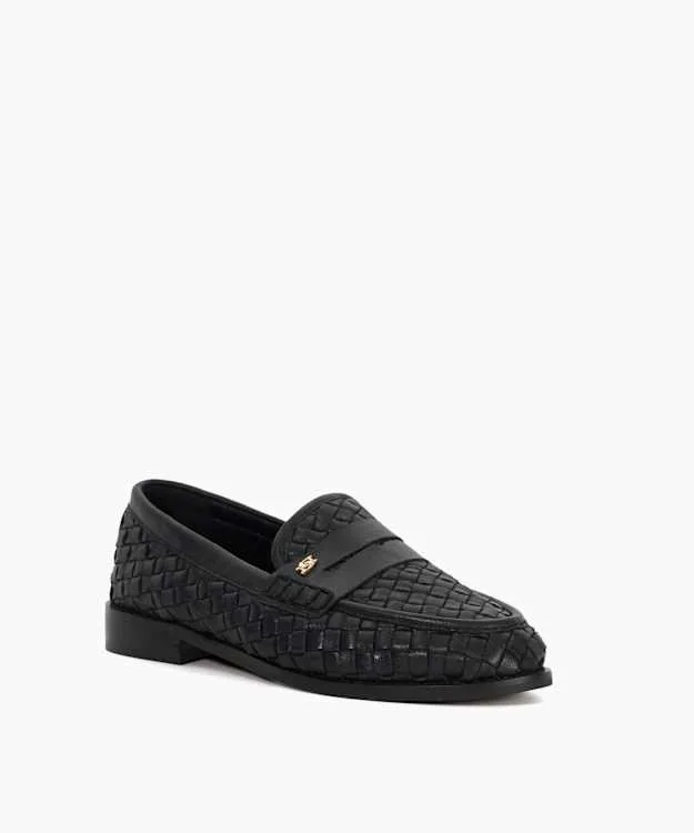 Women Dune London Flat Shoes Woven Leather Penny Loafer Black