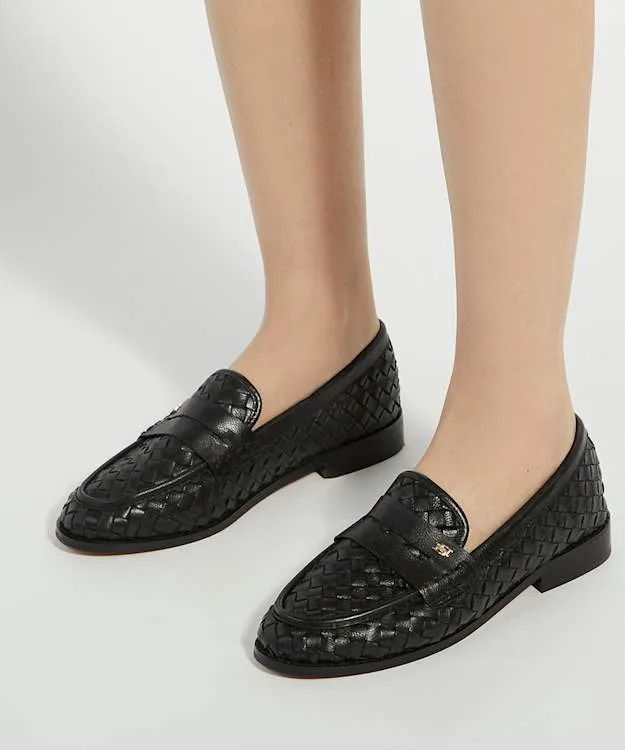 Women Dune London Flat Shoes Woven Leather Penny Loafer Black