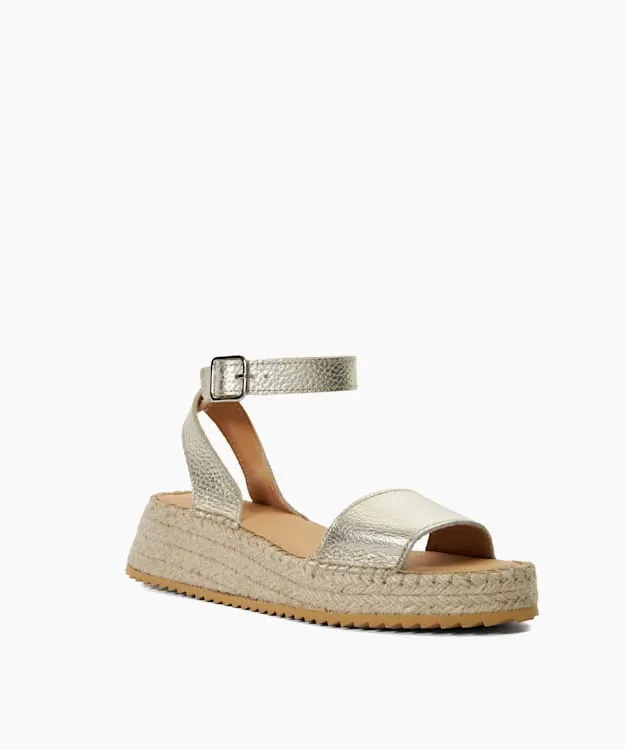 Women Dune London Heeled Sandals Leather Raffia Flatform Sandals Metallic