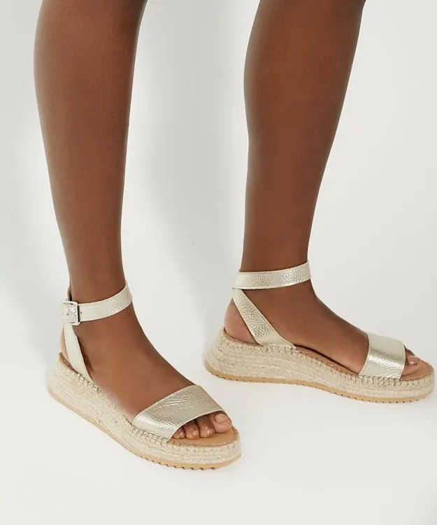 Women Dune London Heeled Sandals Leather Raffia Flatform Sandals Metallic