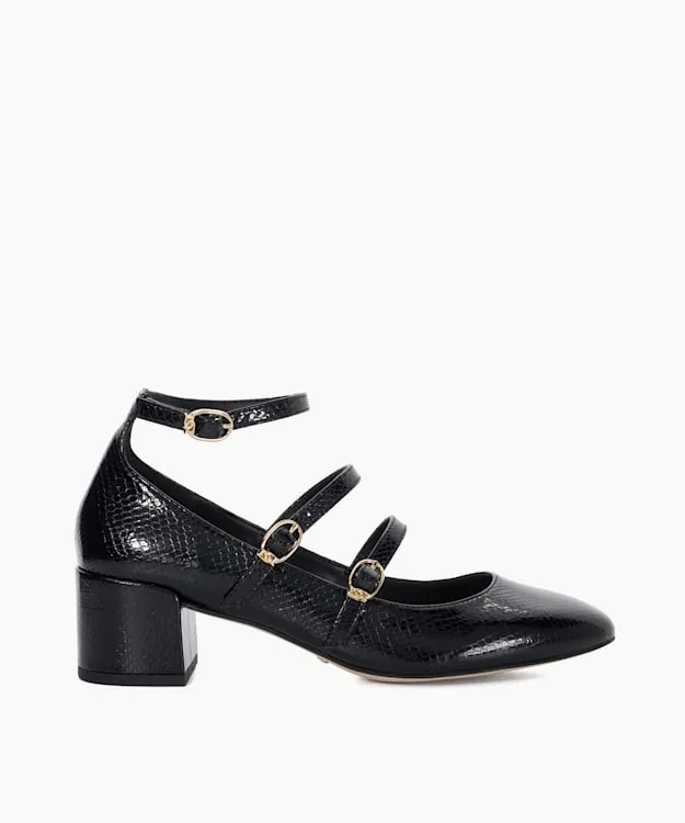 Women Dune London Heels Croc Effect Low Heel Court Shoes Black Leather