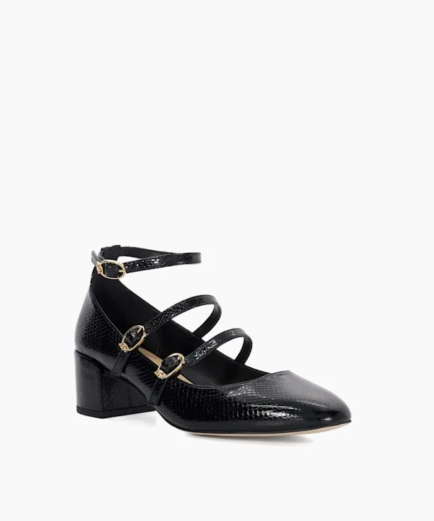 Women Dune London Heels Croc Effect Low Heel Court Shoes Black Leather