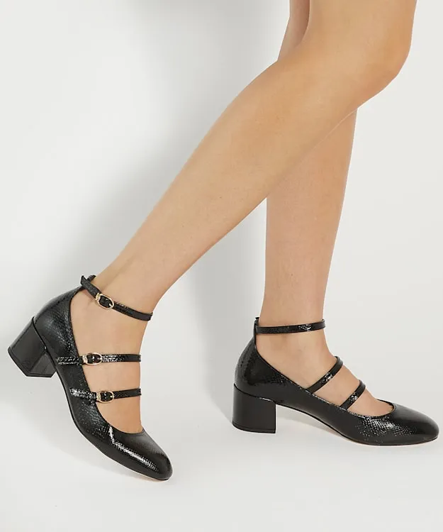 Women Dune London Heels Croc Effect Low Heel Court Shoes Black Leather