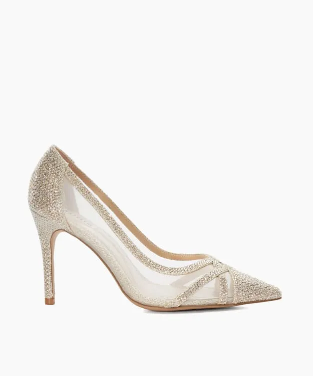 Women Dune London Heels Signature Court With Sheer Mesh Panels Metallic