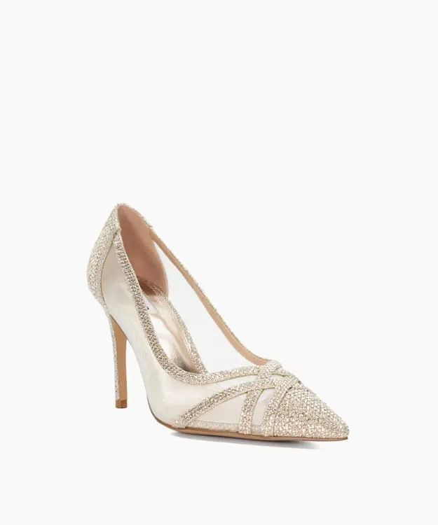 Women Dune London Heels Signature Court With Sheer Mesh Panels Metallic
