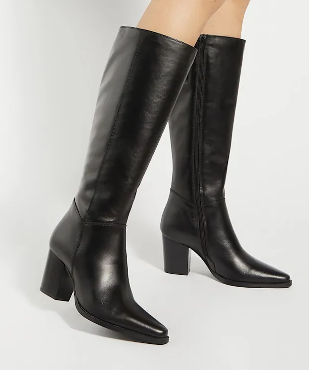 Women Dune London Knee High Boots Leather Western Knee High Boots Black