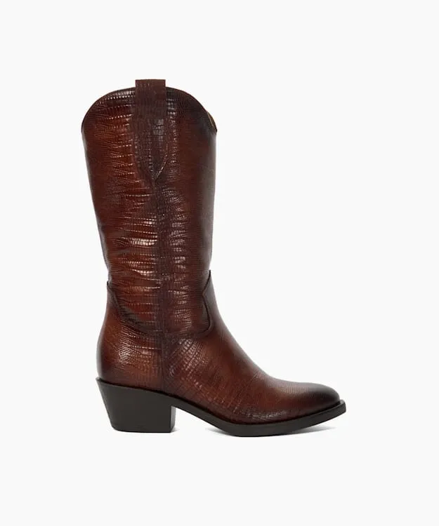 Women Dune London Knee High Boots Mid Height ReptileEffect Western Boots Brown
