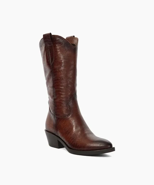 Women Dune London Knee High Boots Mid Height ReptileEffect Western Boots Brown