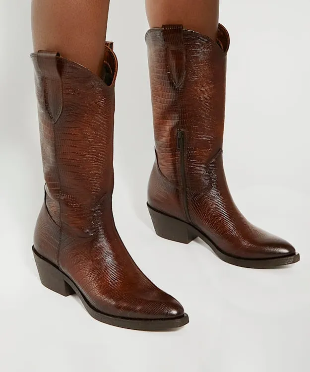 Women Dune London Knee High Boots Mid Height ReptileEffect Western Boots Brown