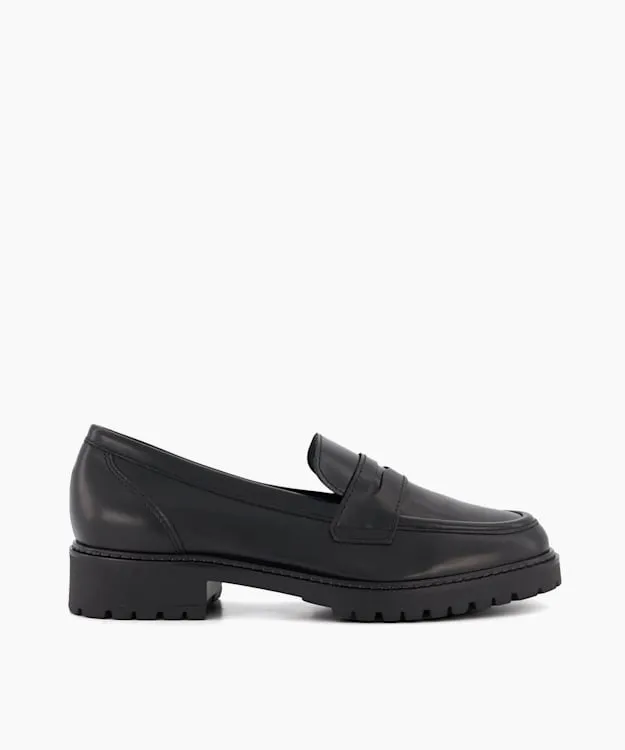 Women Dune London Loafers CleatedSole Leather PennyTrim Loafers Black