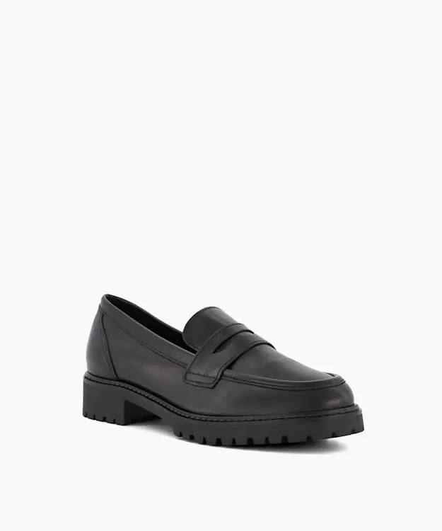 Women Dune London Loafers CleatedSole Leather PennyTrim Loafers Black