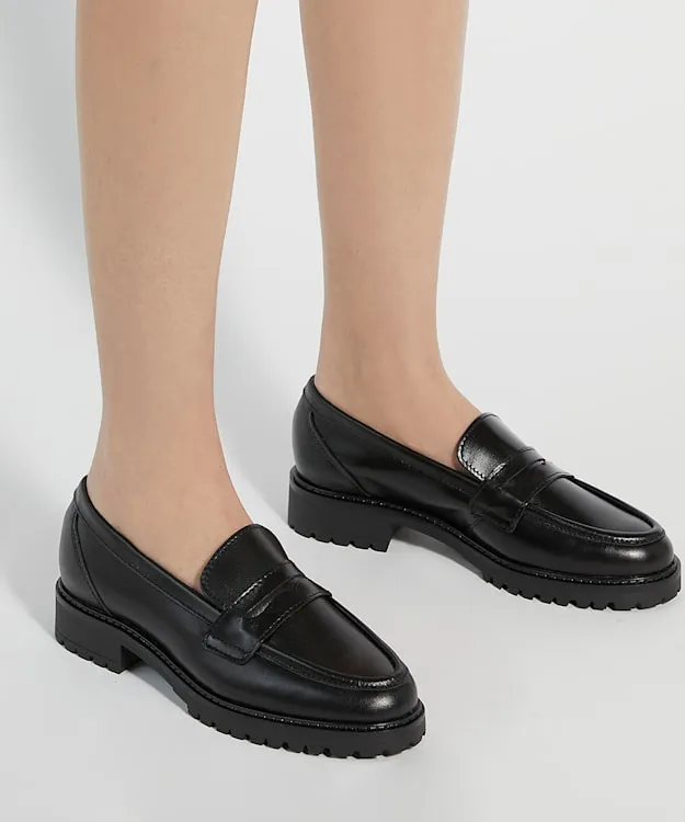 Women Dune London Loafers CleatedSole Leather PennyTrim Loafers Black