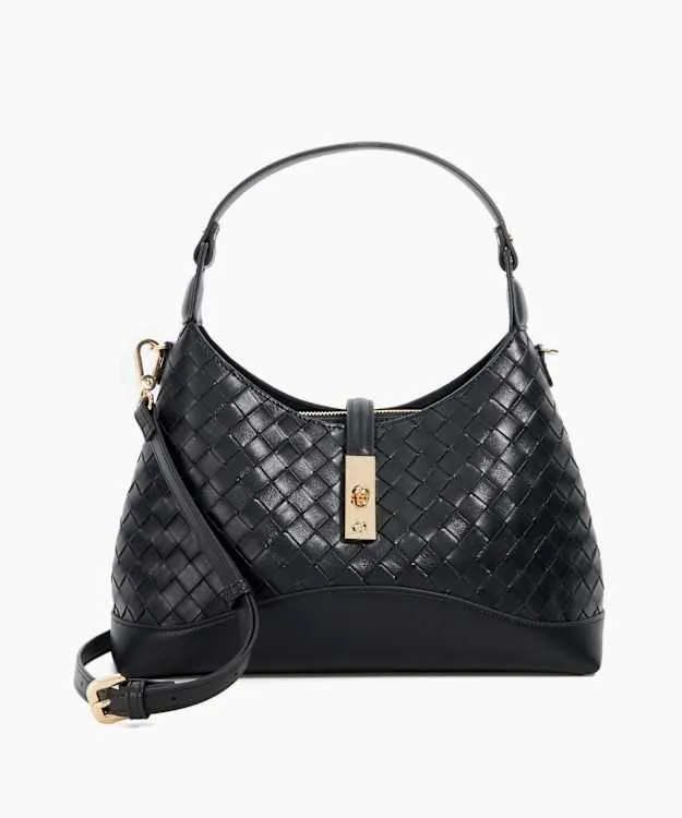 Women Dune London Shoulder Bags Woven Leather Turn Lock Shoulder Bag Black