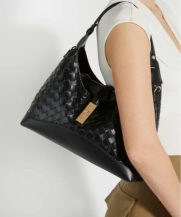 Women Dune London Shoulder Bags Woven Leather Turn Lock Shoulder Bag Black