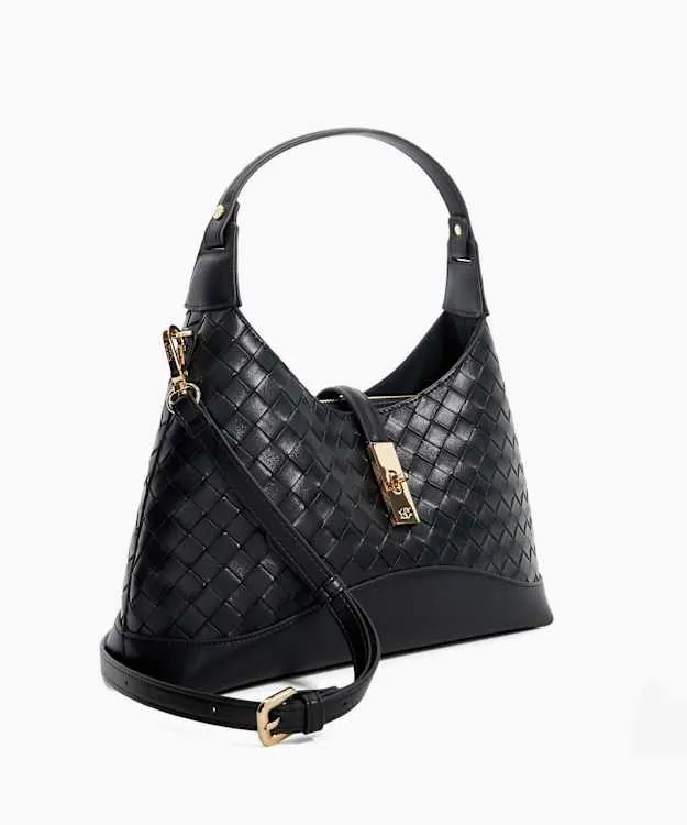 Women Dune London Shoulder Bags Woven Leather Turn Lock Shoulder Bag Black