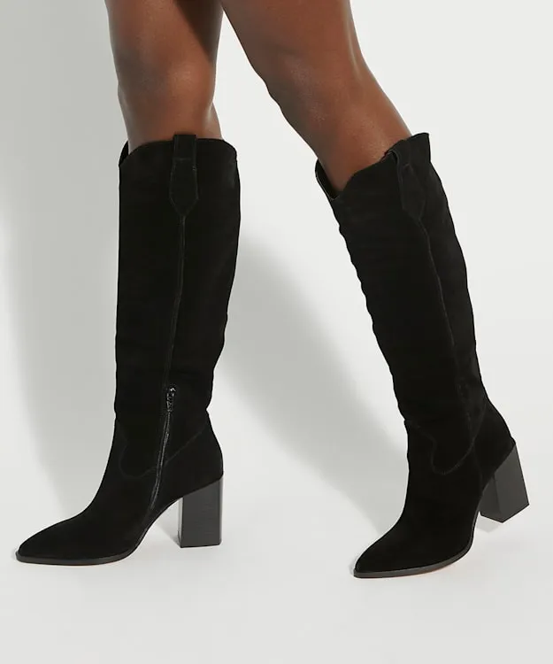 Women Dune London Western Cowboy Boots Mid Suede KneeHigh Boots Black