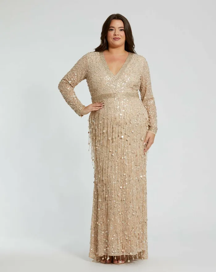 Women Embellished Fringe Long Sleeve Gown Nude Gold Evening Gowns Mac Duggal