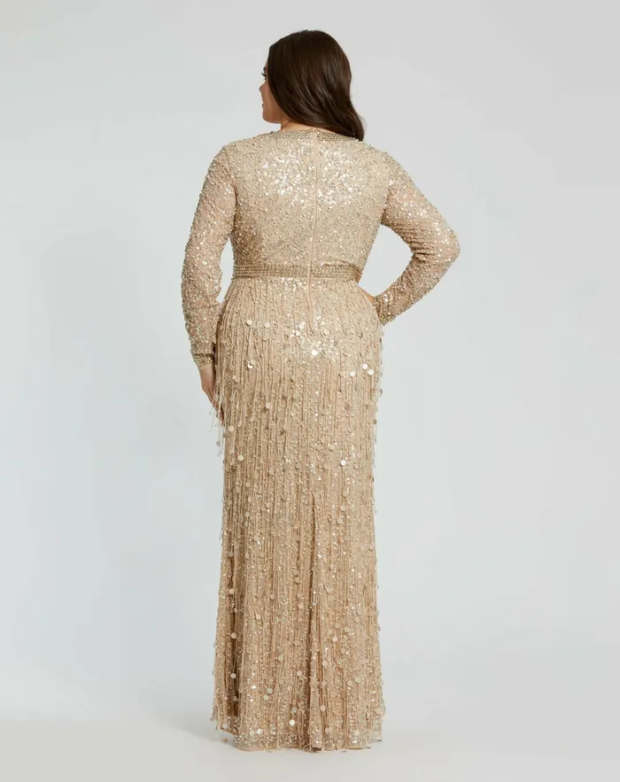 Women Embellished Fringe Long Sleeve Gown Nude Gold Evening Gowns Mac Duggal