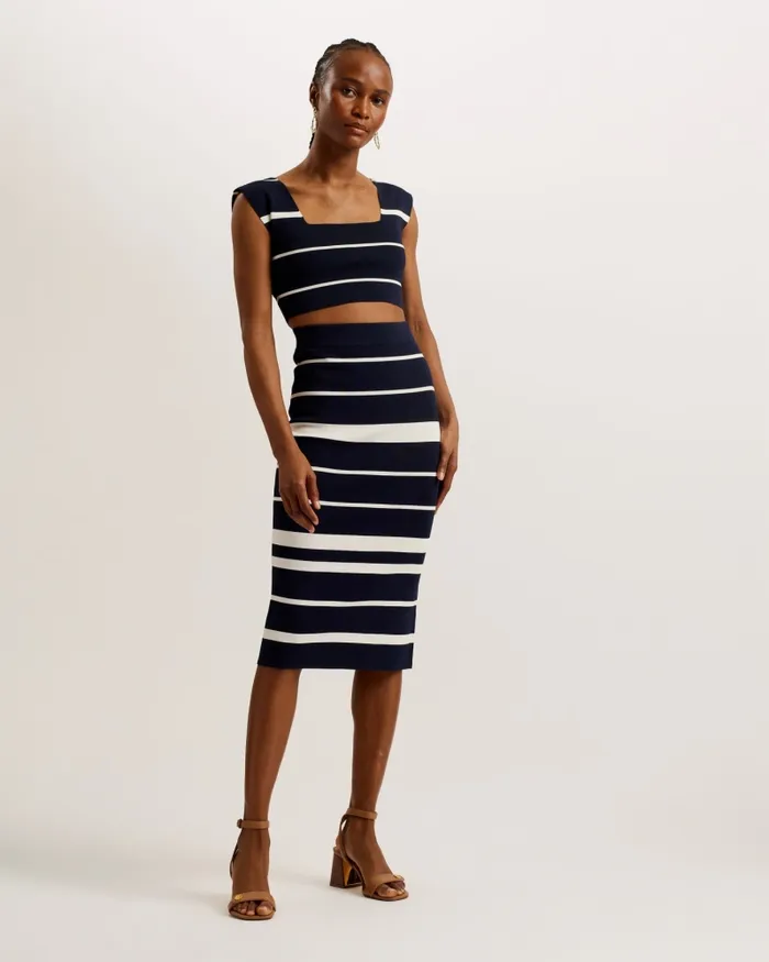 Women EMILIHA 8211 Striped Knit Bodycon Midi Skirt Navy Ted Baker Skirts