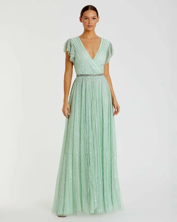 Women Evening Gowns Mac Duggal Green Sequined Wrap Over Ruffled Cap Sleeve Gown Seamist