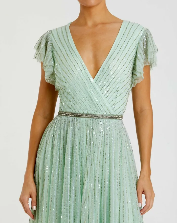 Women Evening Gowns Mac Duggal Green Sequined Wrap Over Ruffled Cap Sleeve Gown Seamist