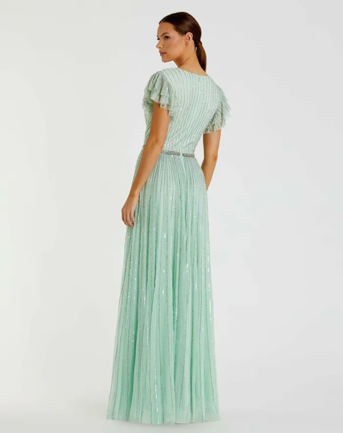 Women Evening Gowns Mac Duggal Green Sequined Wrap Over Ruffled Cap Sleeve Gown Seamist