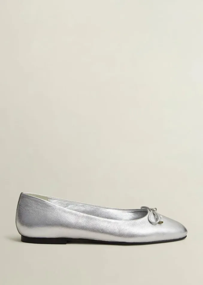 Women Flats Hobbs Priya Leather Ballerina Silver Metallic