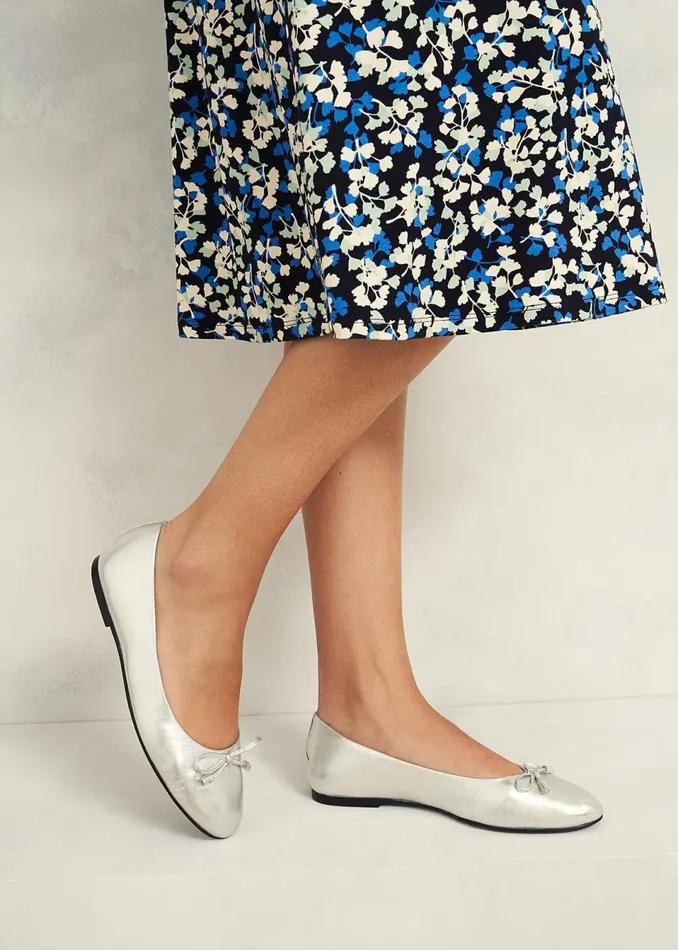 Women Flats Hobbs Priya Leather Ballerina Silver Metallic