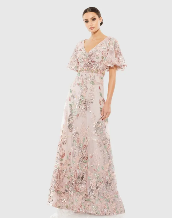 Women Floral Embellished Short Sleeve Gown Rose Pink Evening Gowns Mac Duggal