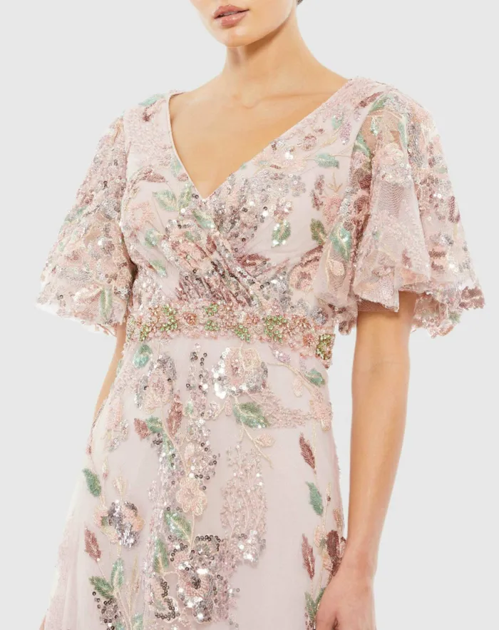 Women Floral Embellished Short Sleeve Gown Rose Pink Evening Gowns Mac Duggal