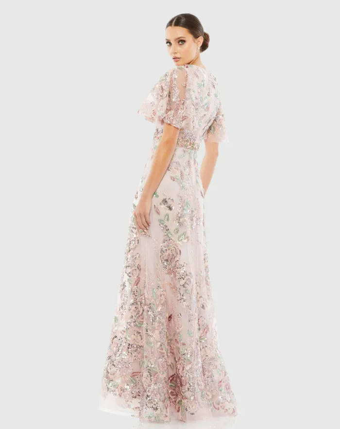 Women Floral Embellished Short Sleeve Gown Rose Pink Evening Gowns Mac Duggal