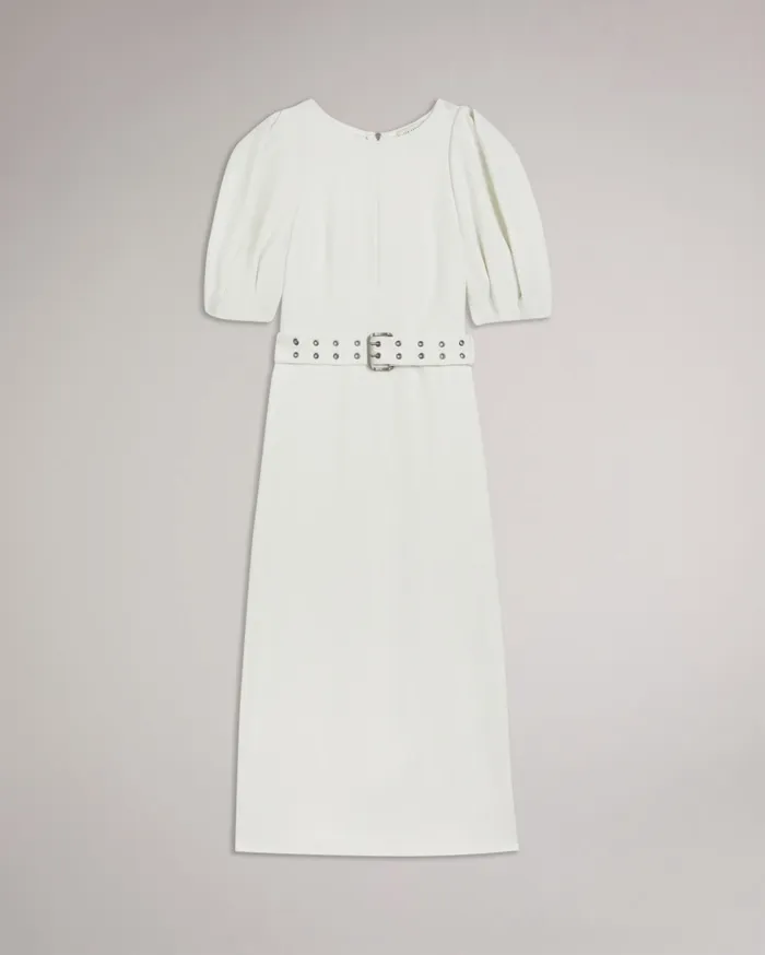 Women GABYELA 8211 Puff Sleeve Midi Dress With Belt White Ted Baker Dresses