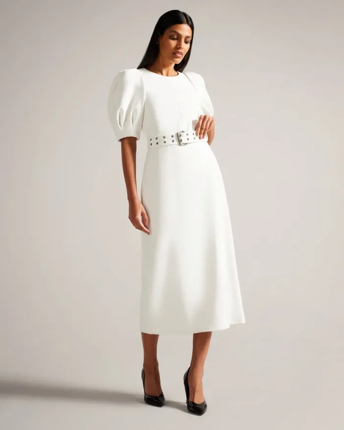 Women GABYELA 8211 Puff Sleeve Midi Dress With Belt White Ted Baker Dresses