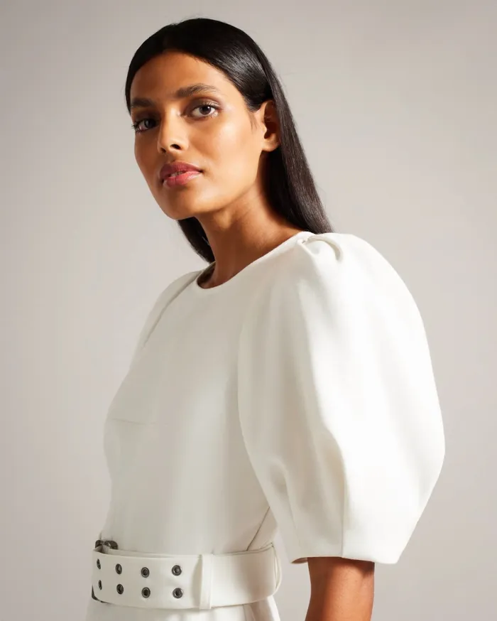 Women GABYELA 8211 Puff Sleeve Midi Dress With Belt White Ted Baker Dresses